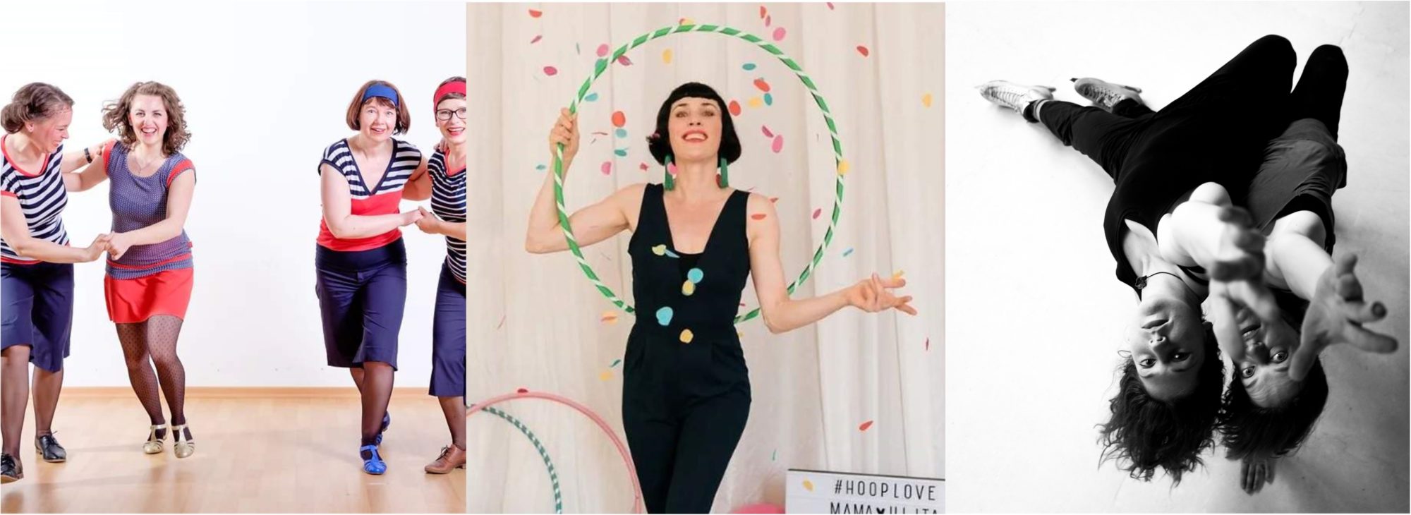 3 Fotos nebeneinander, Swingtanz-Frauen, eine Frau mit Hoolahoop-Reifen und zwei Eis-Tänzerinnen